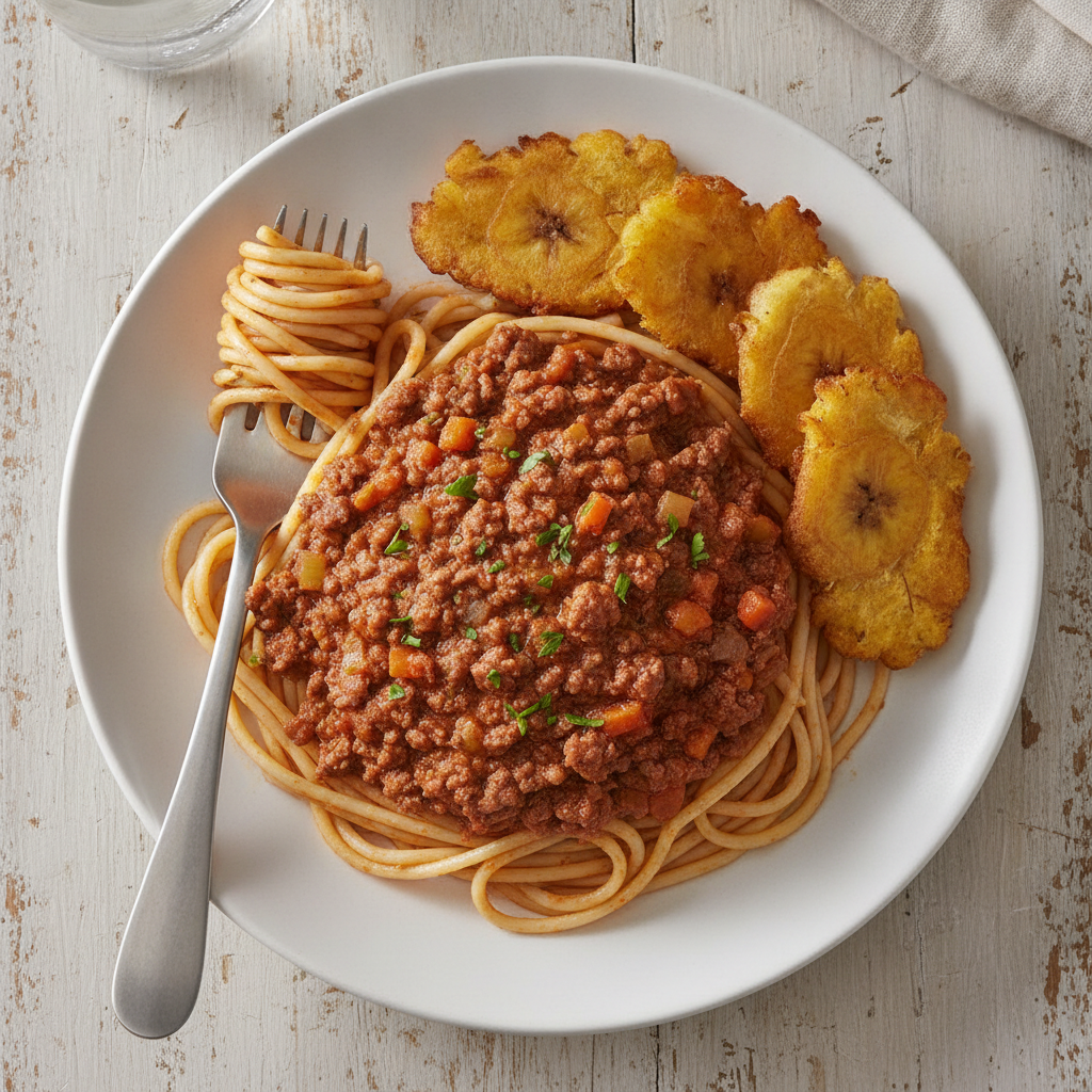 Pastas con Res Molida + Tostones