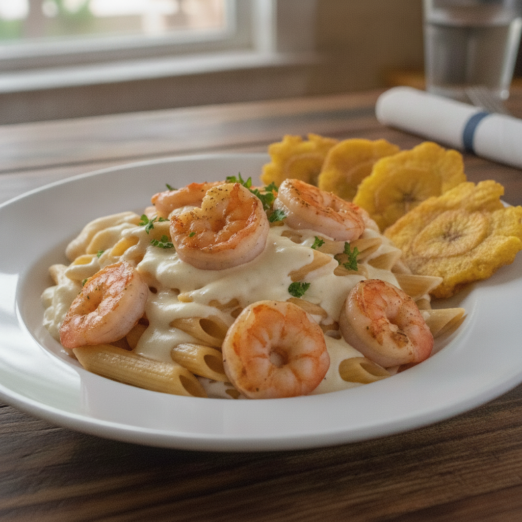 Pennes con Camarones + Tostones