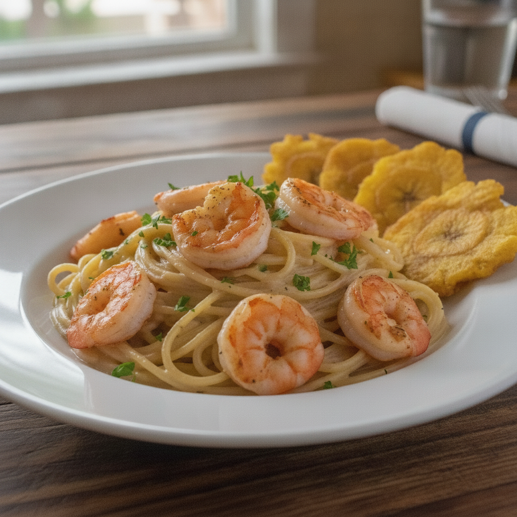 Espaguetis con Camarones + Tostones