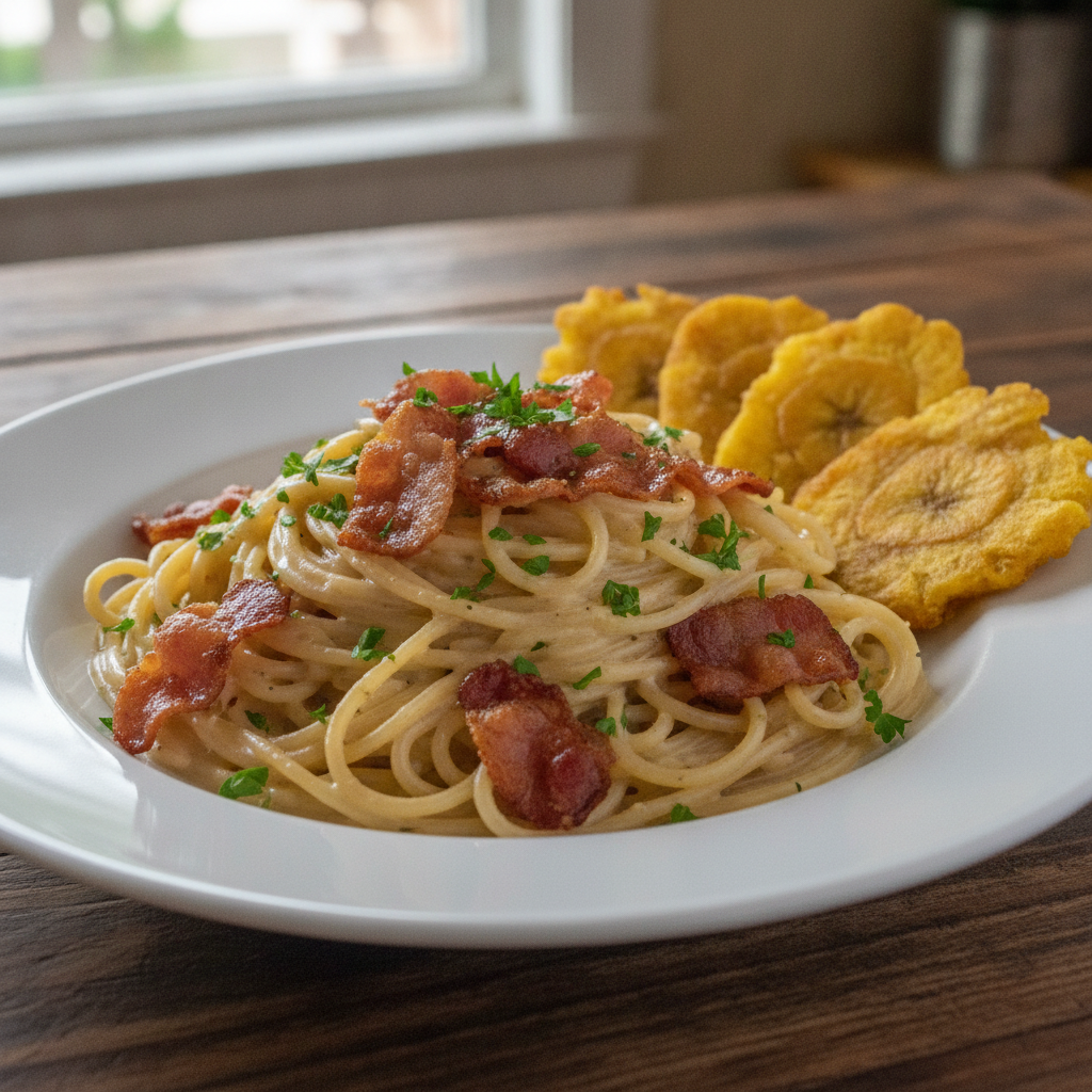Pastas con Tocineta + Tostones